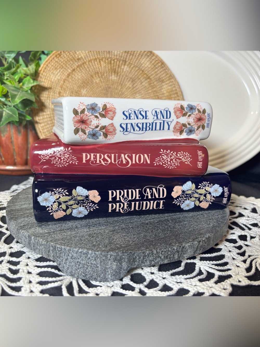 Jane Austen Stacked Books Ceramic Planter/Vase Pride & Prejudice Steel Mill Co